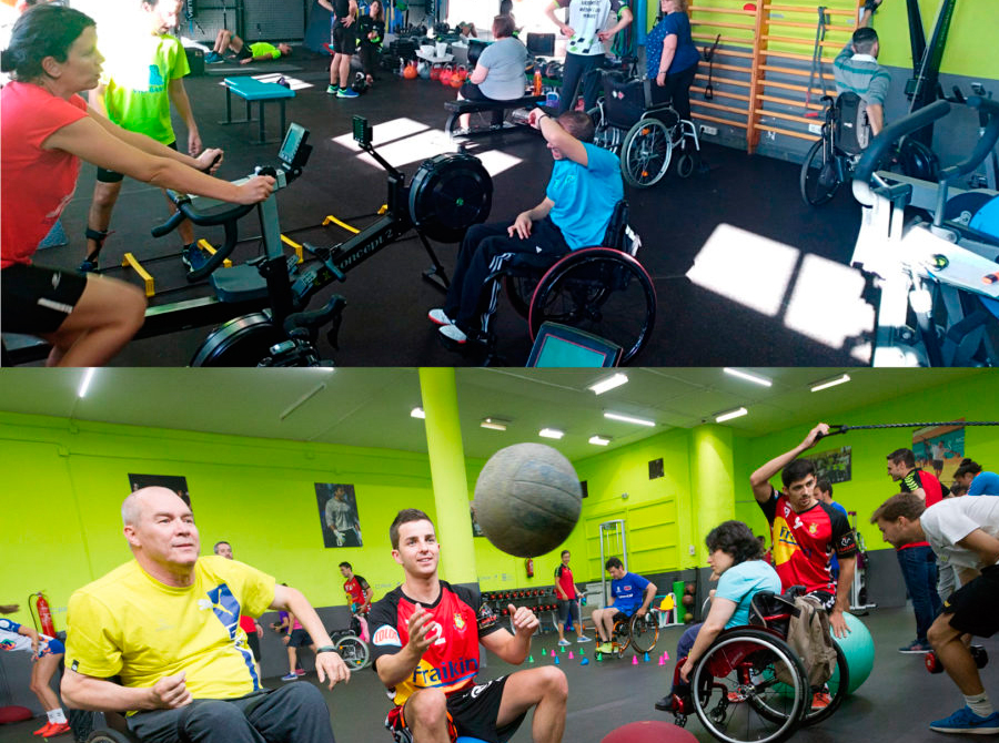 Dos fotos de personas con discapacidad física practicando deporte en una sala de entrenamiento con entrenadores y maquinas.